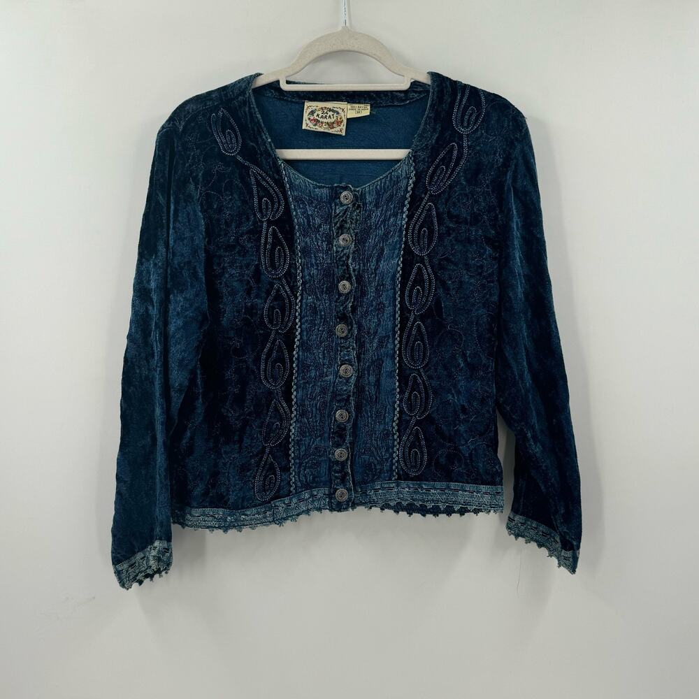 90s Whimsygoth Fairycore Blue denim button down long sleeve cropped shirt